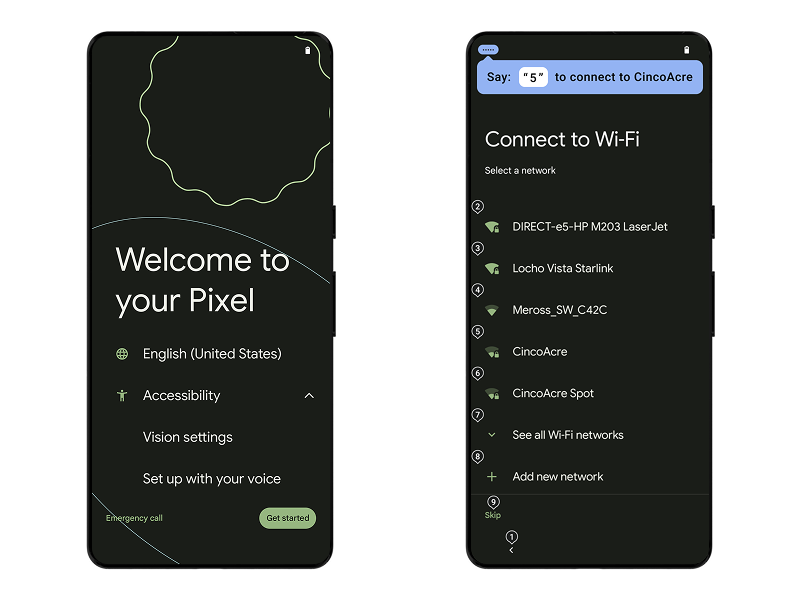 Android Setup Wizard showing numbered Wi-Fi networks with voice input