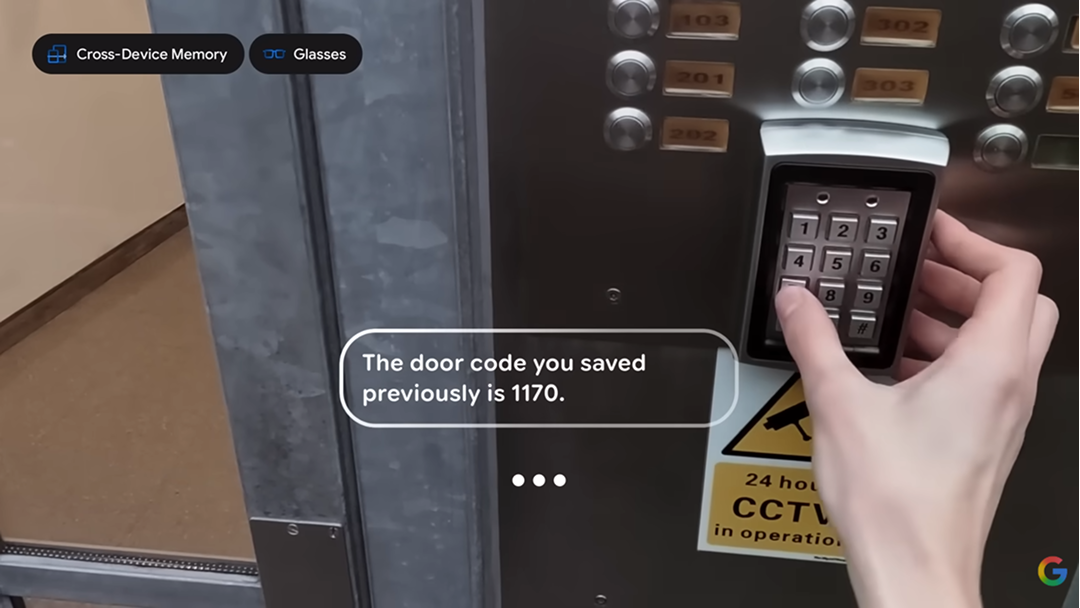 POV through Project Astra smart glasses showing a hand pressing a numeric keypad. An AI overlay displays "The door code you saved previously is 1170." Labels in the upper left read Cross-Device Memory and Glasses.