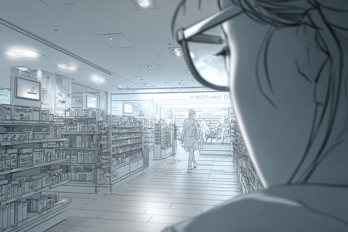Person stepping inside a pharmacy entrance