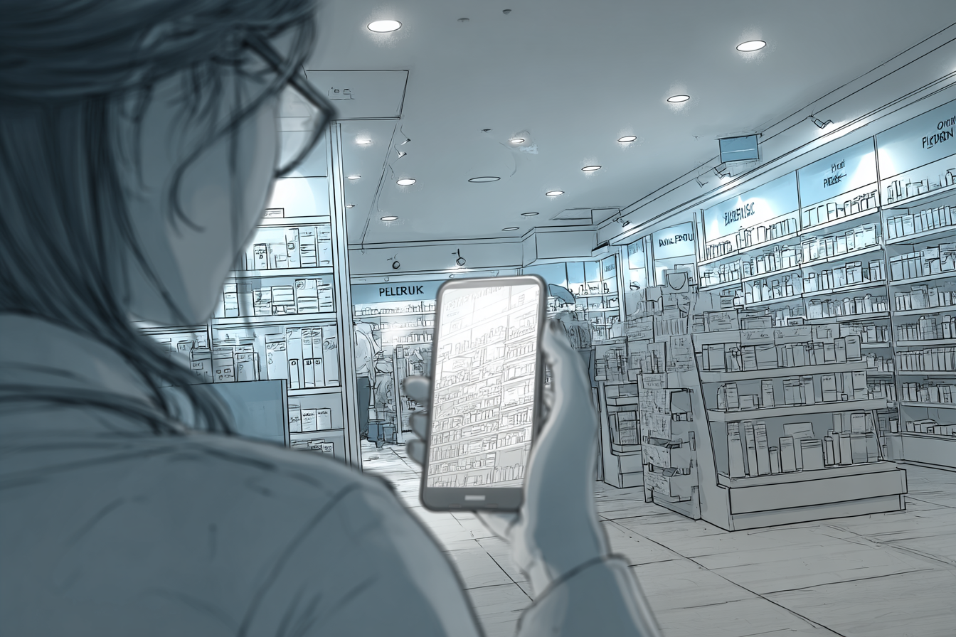 Person using their phone to find a cold medication among many similar-looking boxes on pharmacy shelves