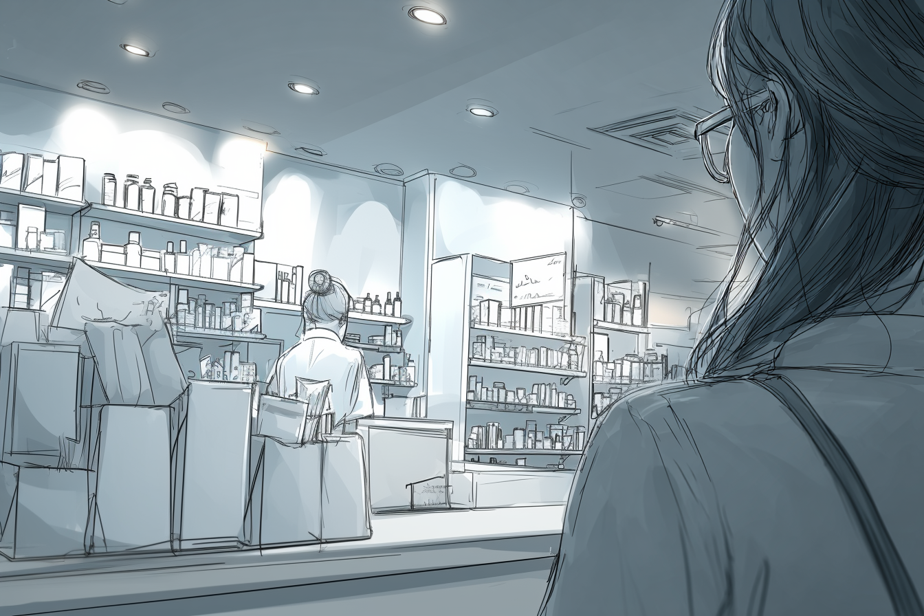 Person at a pharmacy counter, holding up their phone to show details to the staff member