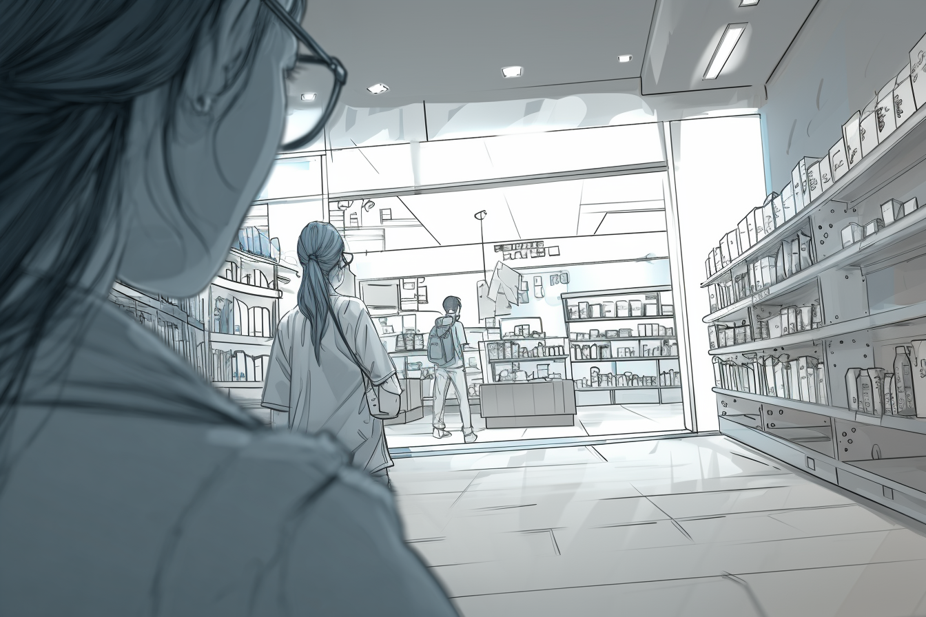 Person walking out of the pharmacy into a mall or supermarket area