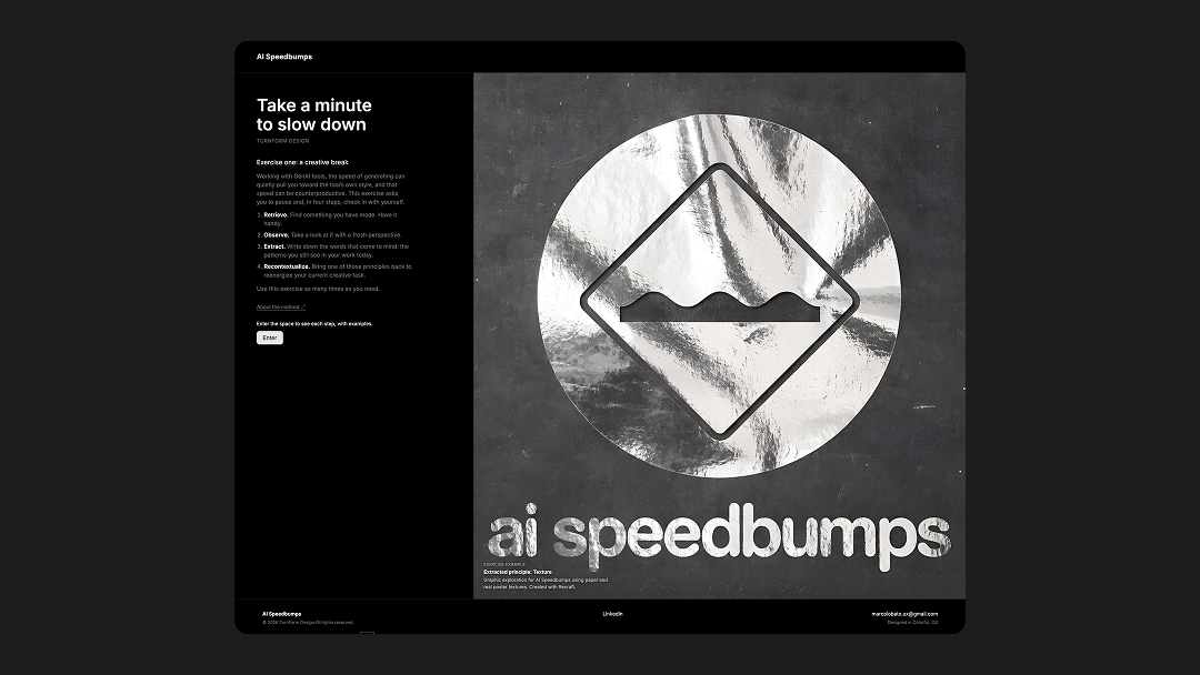 The AI Speedbumps landing page: the four-step exercise on the left, a chrome foil poster study on the right