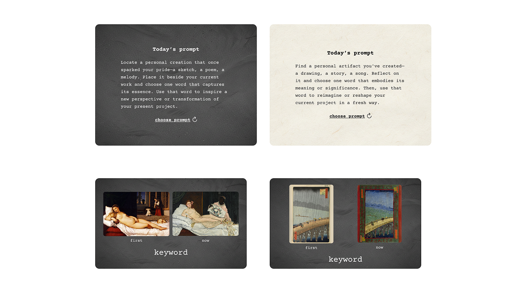 The card components: the prompt card in dark and light mode above two gallery pair cards, each pairing an early artwork with a later one over a keyword