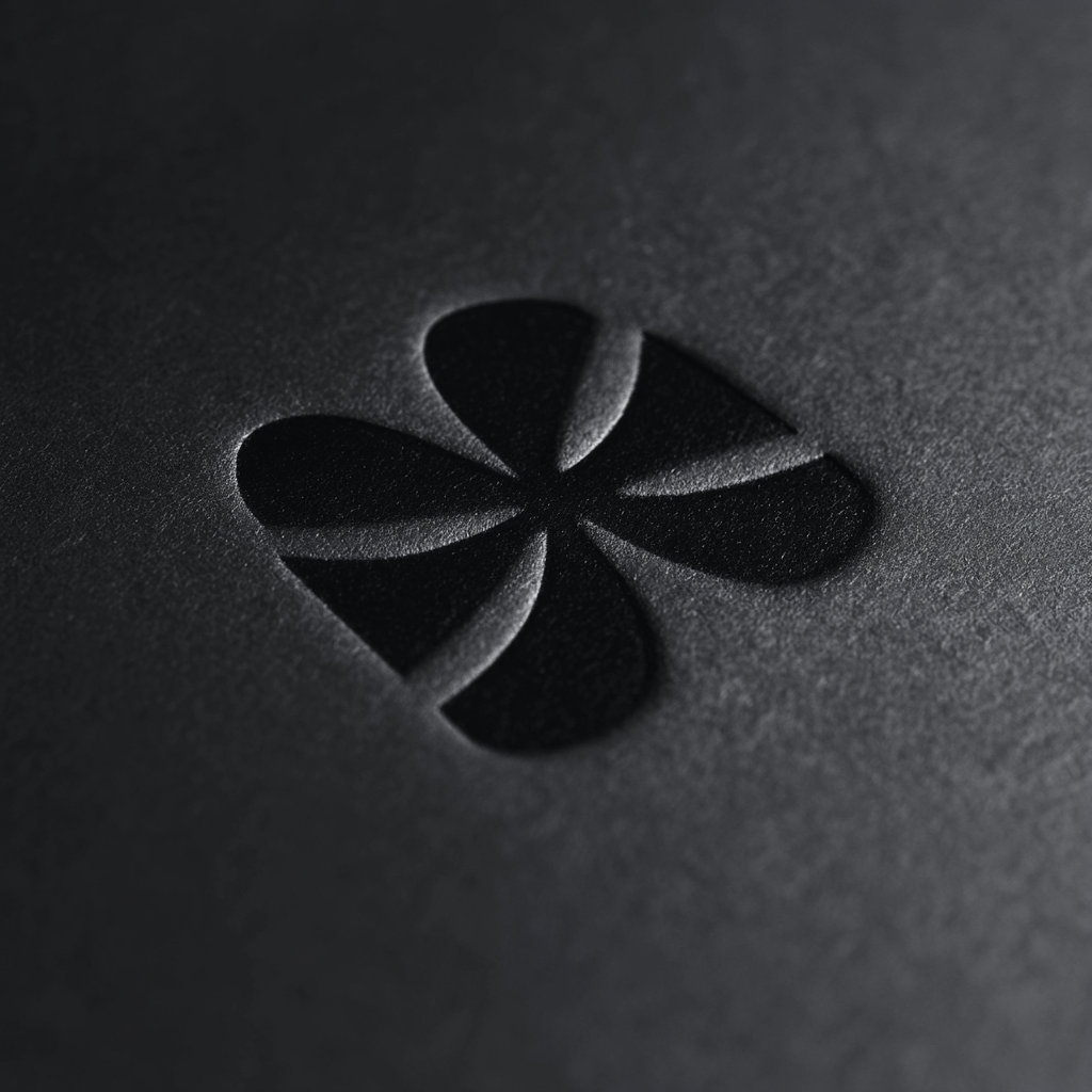 An embossed mark pressed into black textured paper, lit at a raking angle