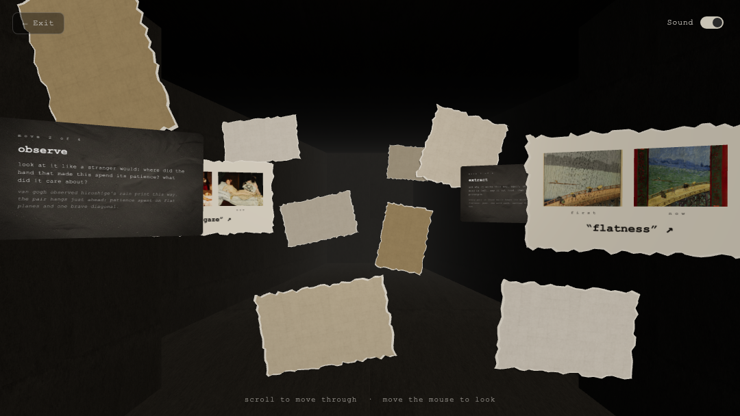 Inside the hallway: torn-paper pages on the walls pairing early works with later ones, beside the observe step card