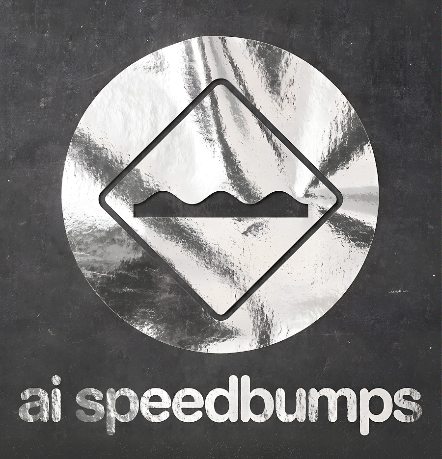 AI Speedbumps poster study: a crumpled chrome foil sticker of a speedbump road sign on dark cardboard