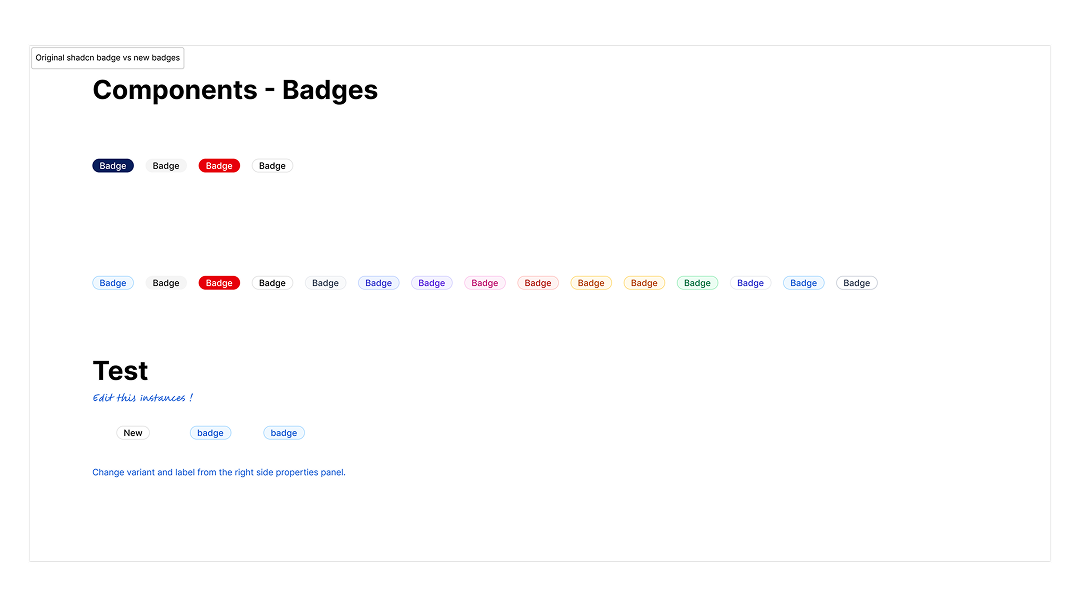 Figma Badge variants grid showing the twelve color variants, with token names labeled.
