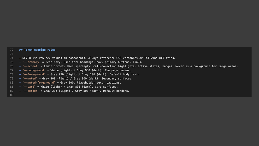 CLAUDE.md file open in VS Code, showing the token mapping rules section that tells Claude Code which tokens to use.