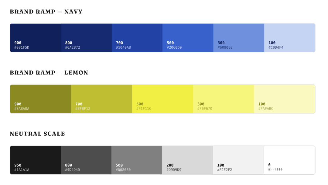Navy and Lemon brand color ramps from the playground page in light mode, with hex values labeled.