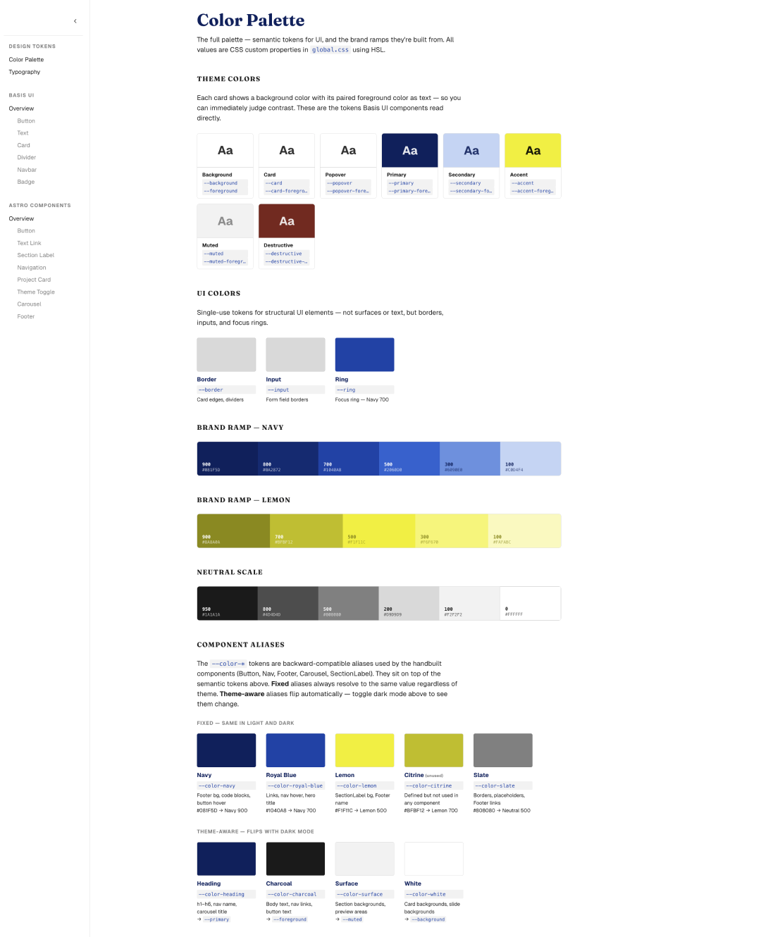 Playground page showing the sidebar navigation and a component section, with live previews of color tokens and components.