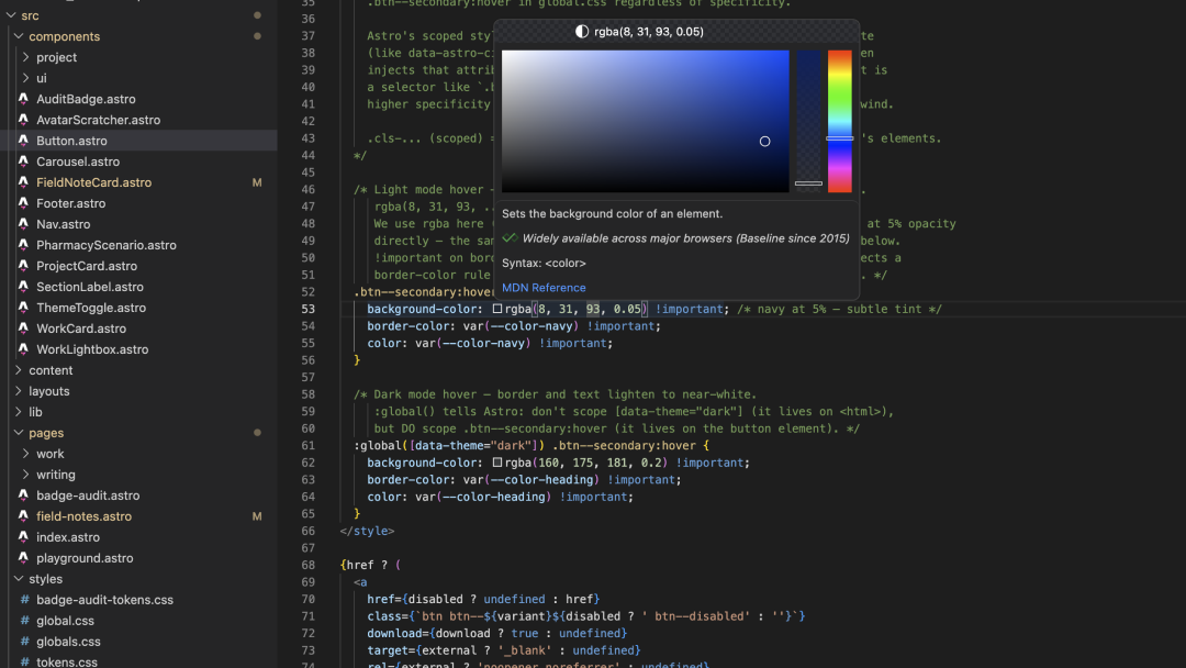VS Code showing a Basis UI Astro component file side by side with the rendered site.