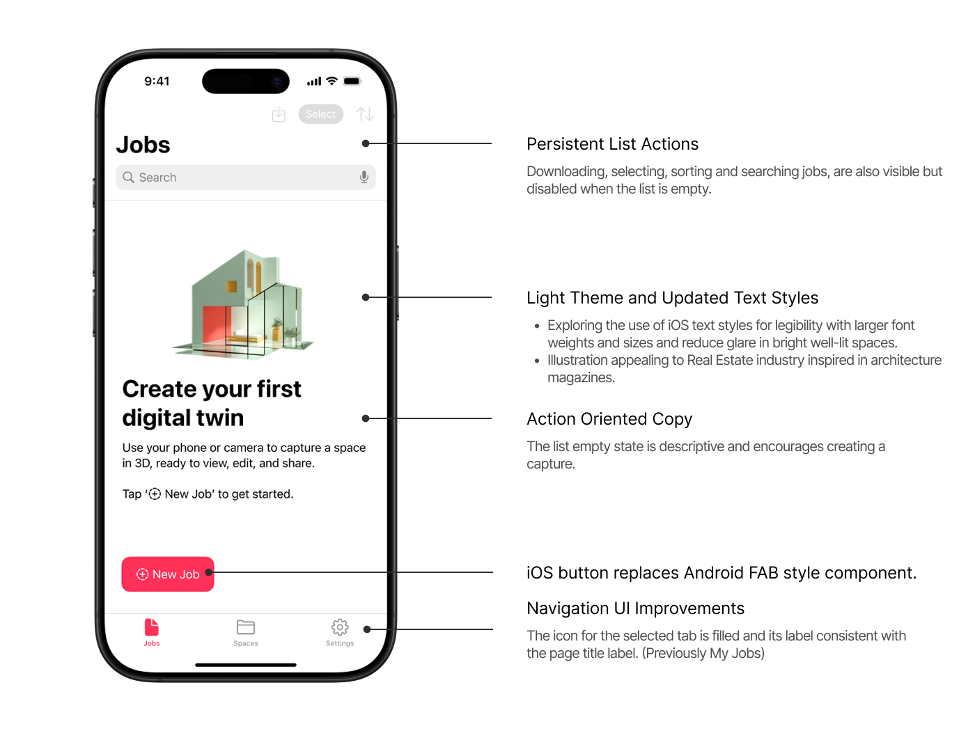 Diagram showing the redesigned Matterport home screen layout and interaction patterns