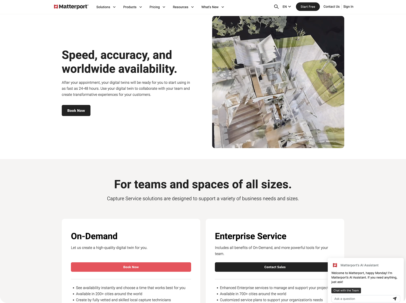 Matterport's marketing site showing white backgrounds, bold black text, and red call-to-action buttons