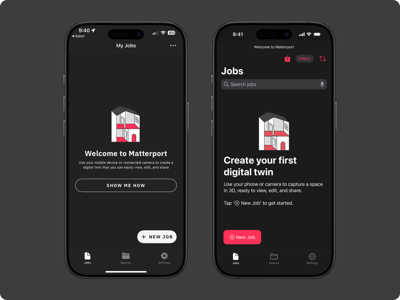 Side-by-side before and after comparison of the Matterport app home screen in high fidelity