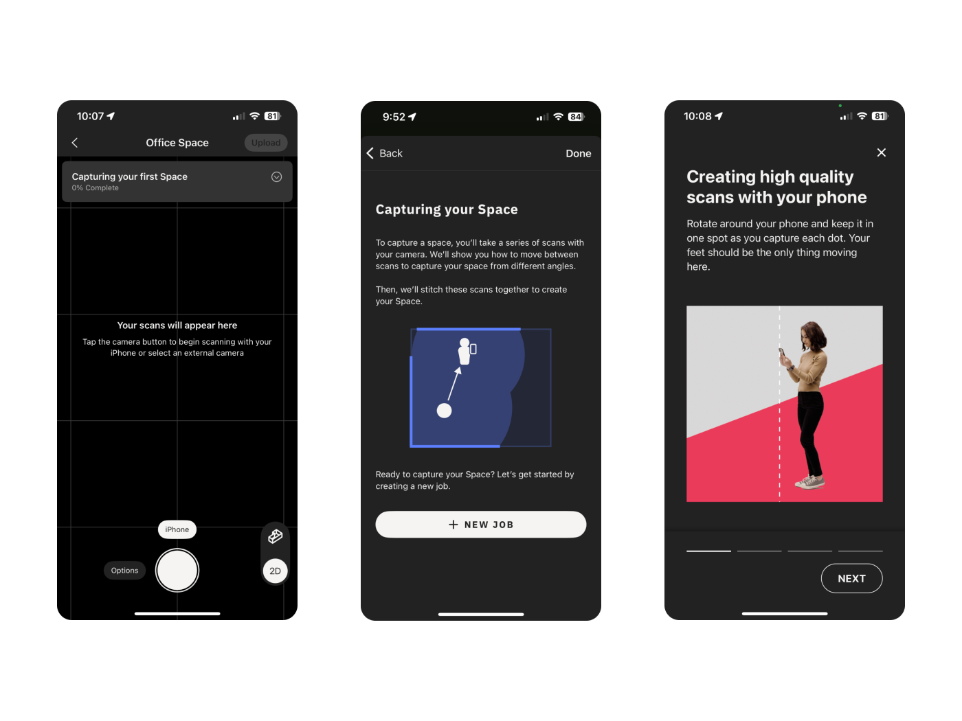 Three screenshots of Matterport's existing tutorial patterns: a checklist, modal cards, and a full-screen walkthrough