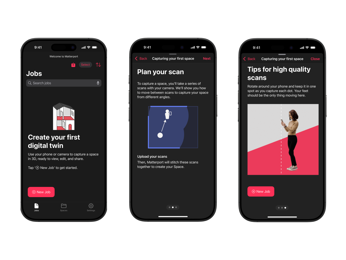 Redesigned Matterport tutorial screen using a single unified layout with iOS-native navigation and progress indicators