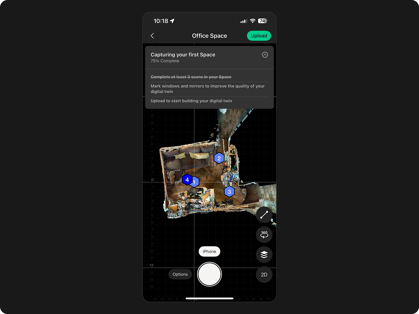 Matterport checklist showing tasks to complete for capturing your first space, with completed items struck through