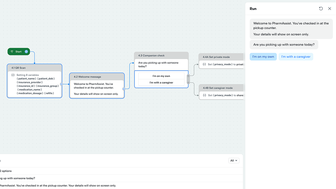 Voiceflow test chat showing the welcome message and companion check with an "I'm on my own" button