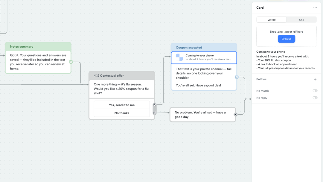 Voiceflow test chat showing the prescription card with medication details followed by the coached deictic response