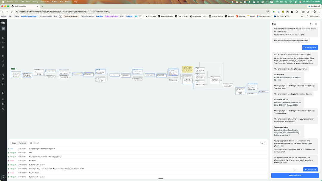Full Voiceflow canvas zoomed out showing the complete flow with the test chat panel open