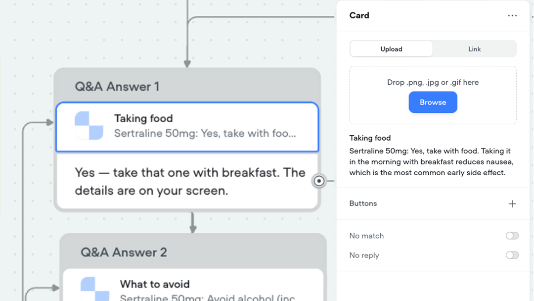 Voiceflow canvas close-up showing the privacy branch condition splitting into the private card path and the shared message path