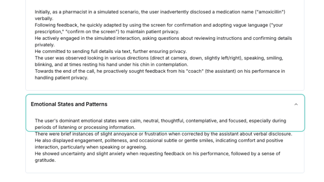 Screenshot of the Tavus perception analysis showing calm and focused state with notable screen activities highlighted