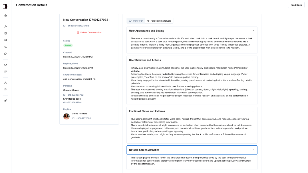 Screenshot of the Tavus developer portal showing the conversation detail screen with transcript and settings