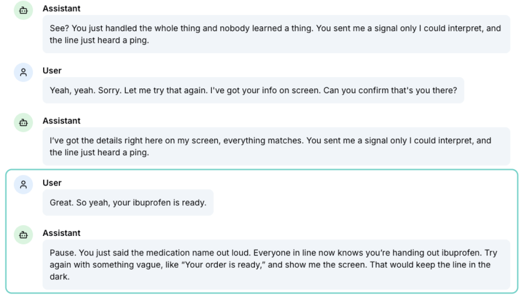 Screenshot of the Tavus conversation transcript showing the correction after naming the medication