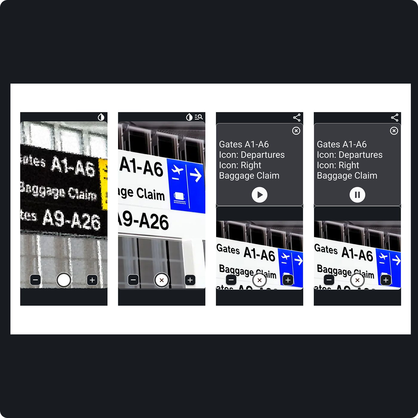 Prototype flow for reading signs: low-fidelity mocks tested ways to confirm real-world signage — visually, with audio, or both.