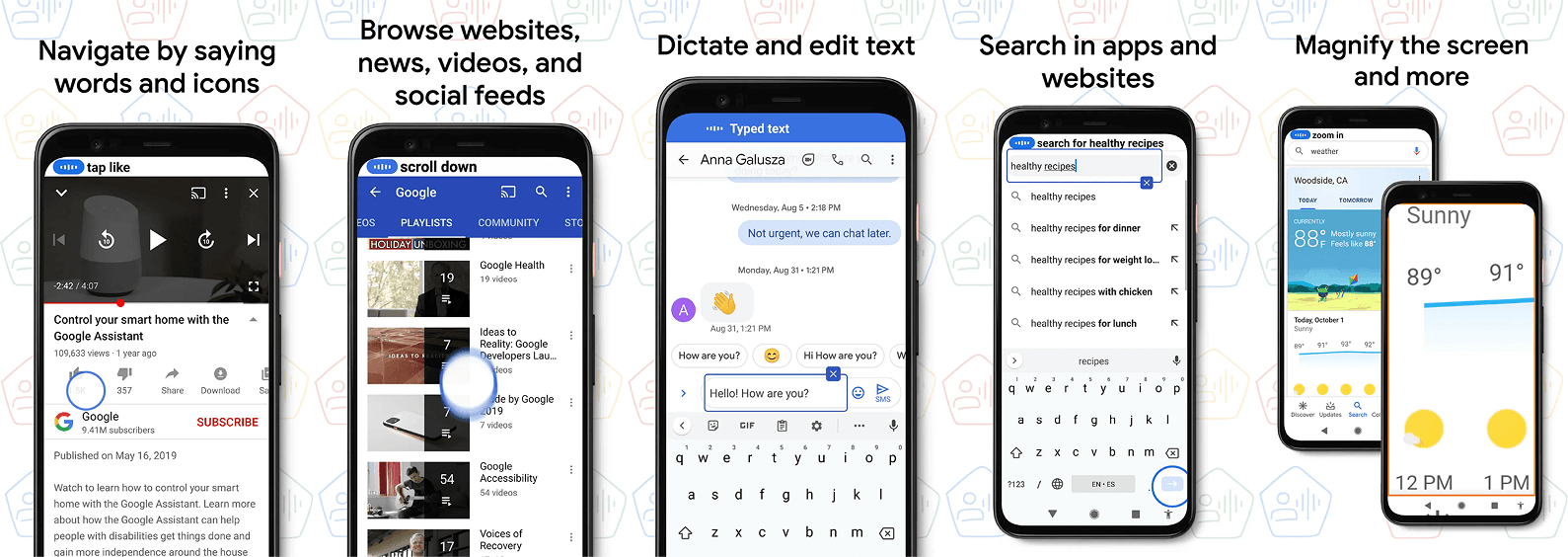 Play Store gallery assets highlighting Voice Access features in five languages
