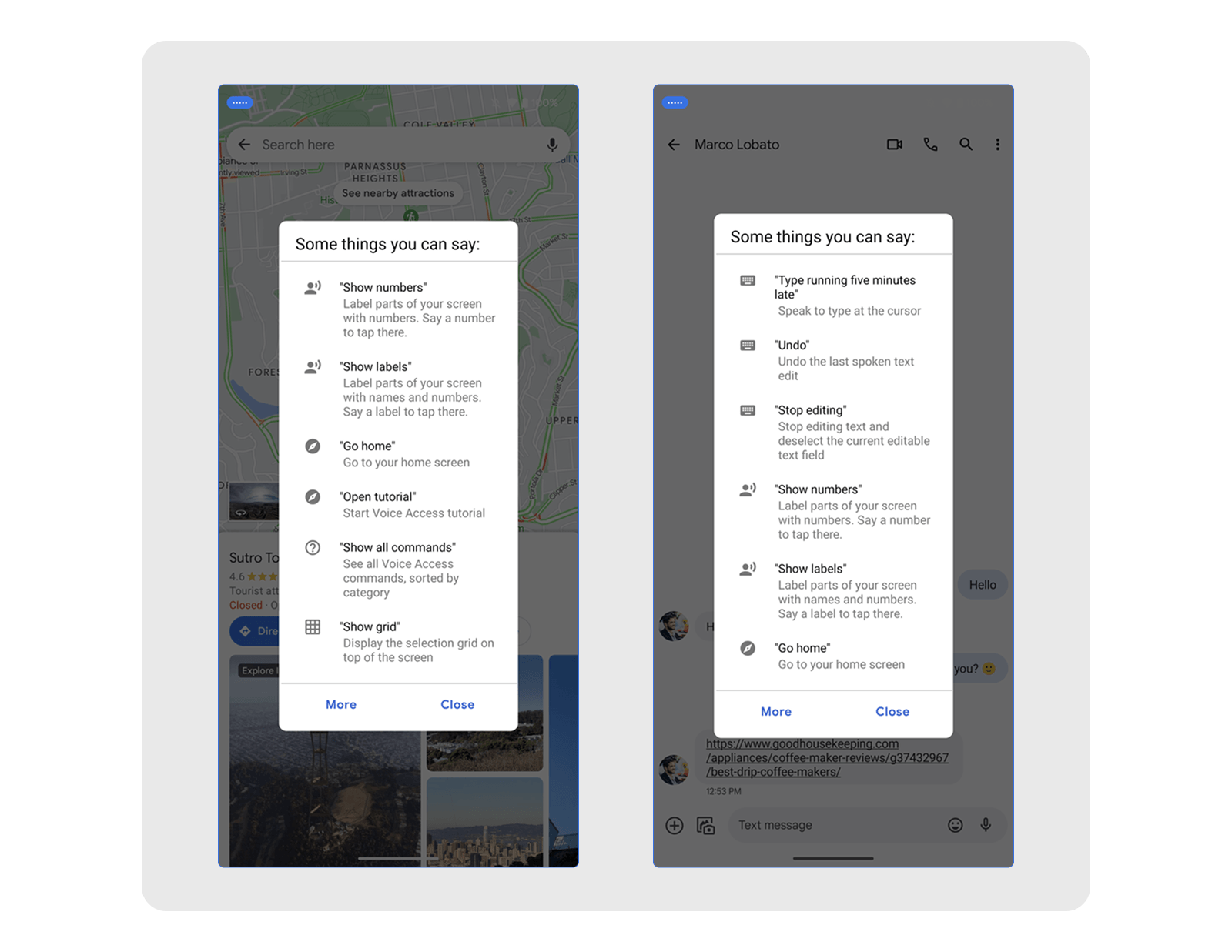Contextual help in Google Maps and Messages